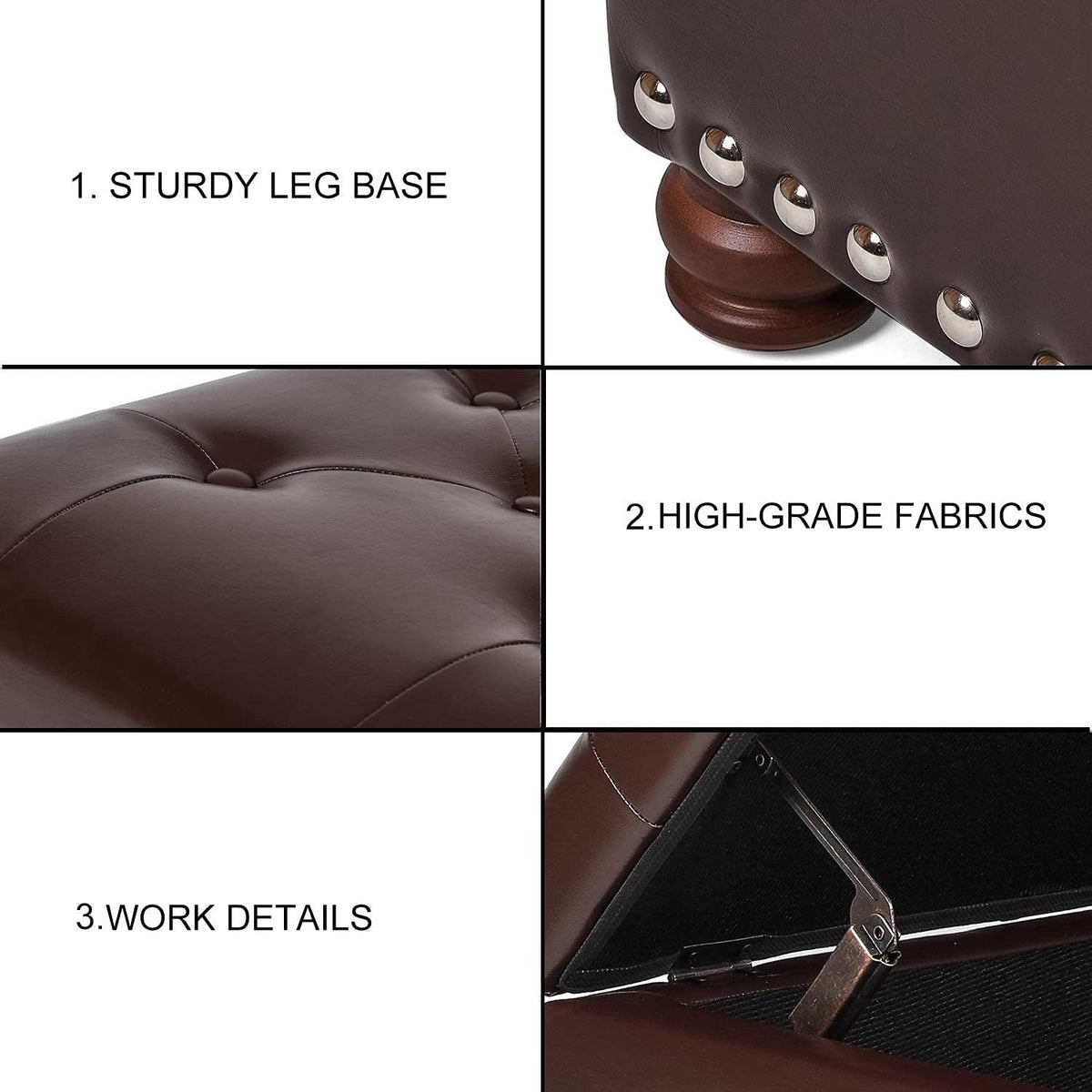 Leather Storage Ottoman Bench Foot Rest Stool with Nailhead Trim (Dark Brown - Button Tufted