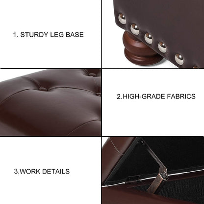 Leather Storage Ottoman Bench Foot Rest Stool with Nailhead Trim (Dark Brown - Button Tufted