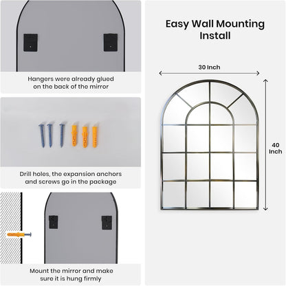 Arched Windowpane Wall Mirror 30"x40" Bronze Wall Mounted Art Pane Mirror Farmhouse Decorative