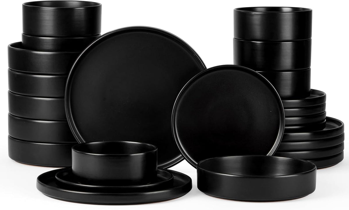 Onader 24 Piece Stoneware Dinnerware Sets with Pasta Bowls, Kitchen Dinner Dishes Set for 6, Plates