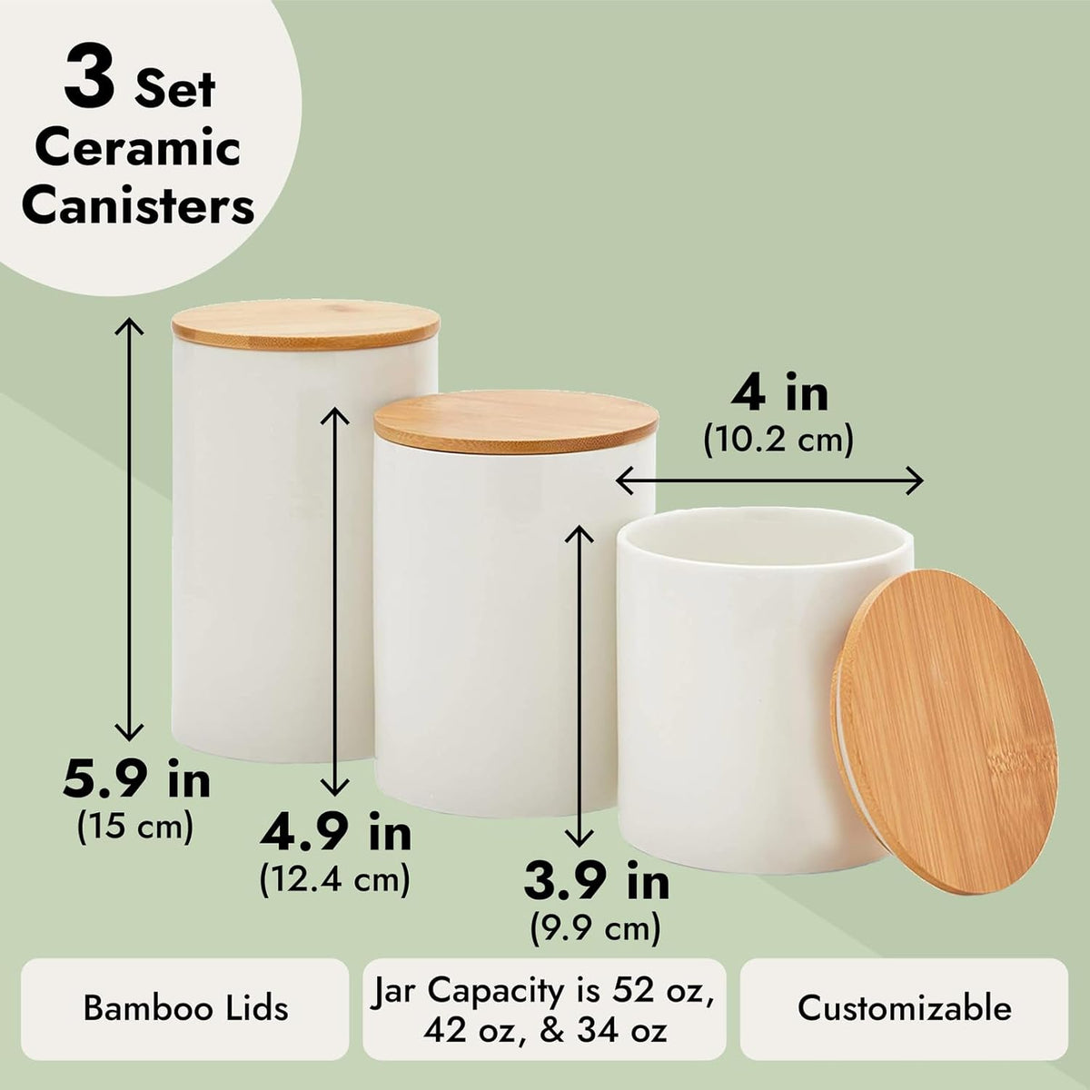 Farmlyn Creek Set of 3 White Ceramic Canisters with Airtight Wooden Bmaboo Lids - Kitchen Counter