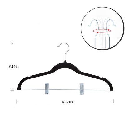 VECELO 20 Pack Black Velvet Clothes Hangers with Adjustable Clips,Heavy-Duty Non Slip &