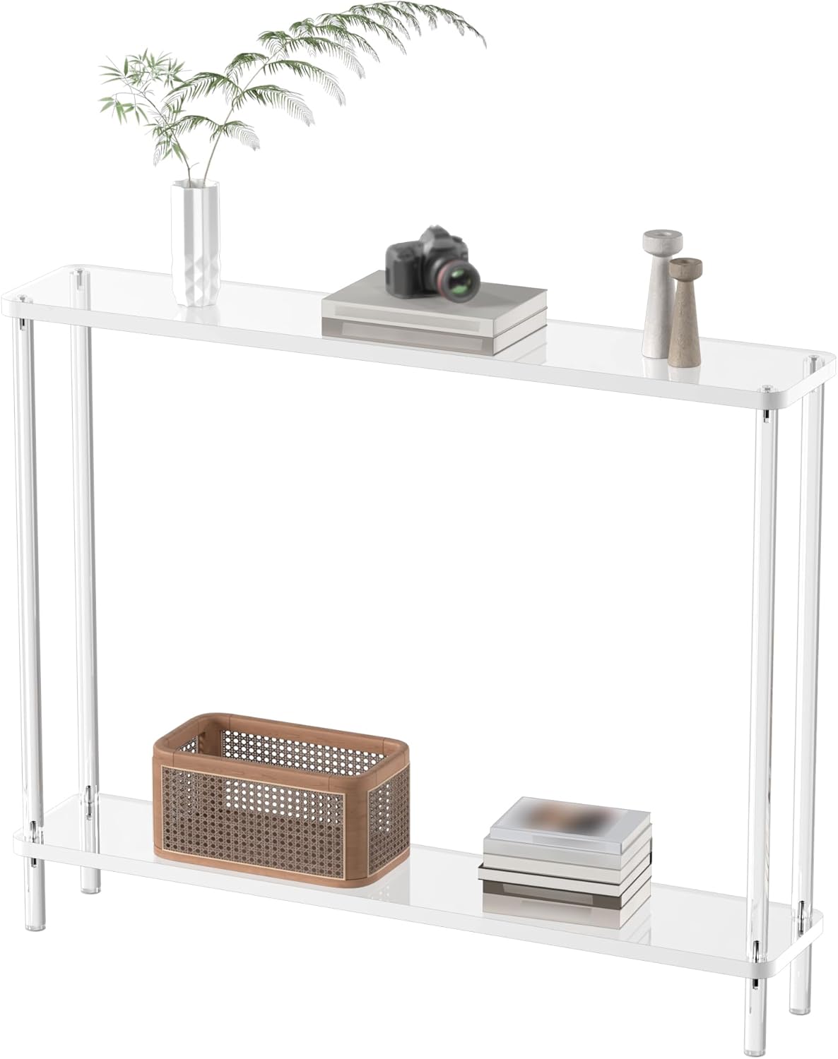 Acrylic Narrow Console Table for Entryway, 7.6" D x 39.4" W x 31.5" H, Cylindrical Legs, Skinny