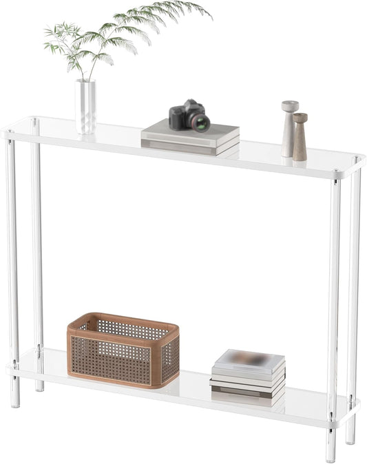 Acrylic Narrow Console Table for Entryway, 7.6" D x 39.4" W x 31.5" H, Cylindrical Legs, Skinny