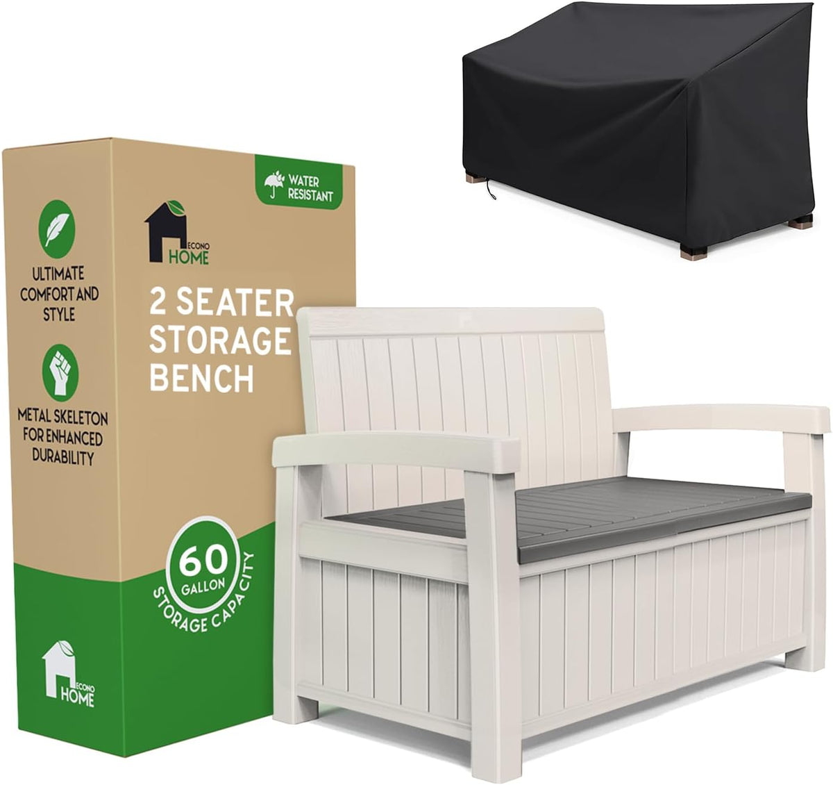 EconoHome 2 Seat Outdoor Storage Bench with Rain Cover - 60 Gallon Capacity - Weatherproof Resin