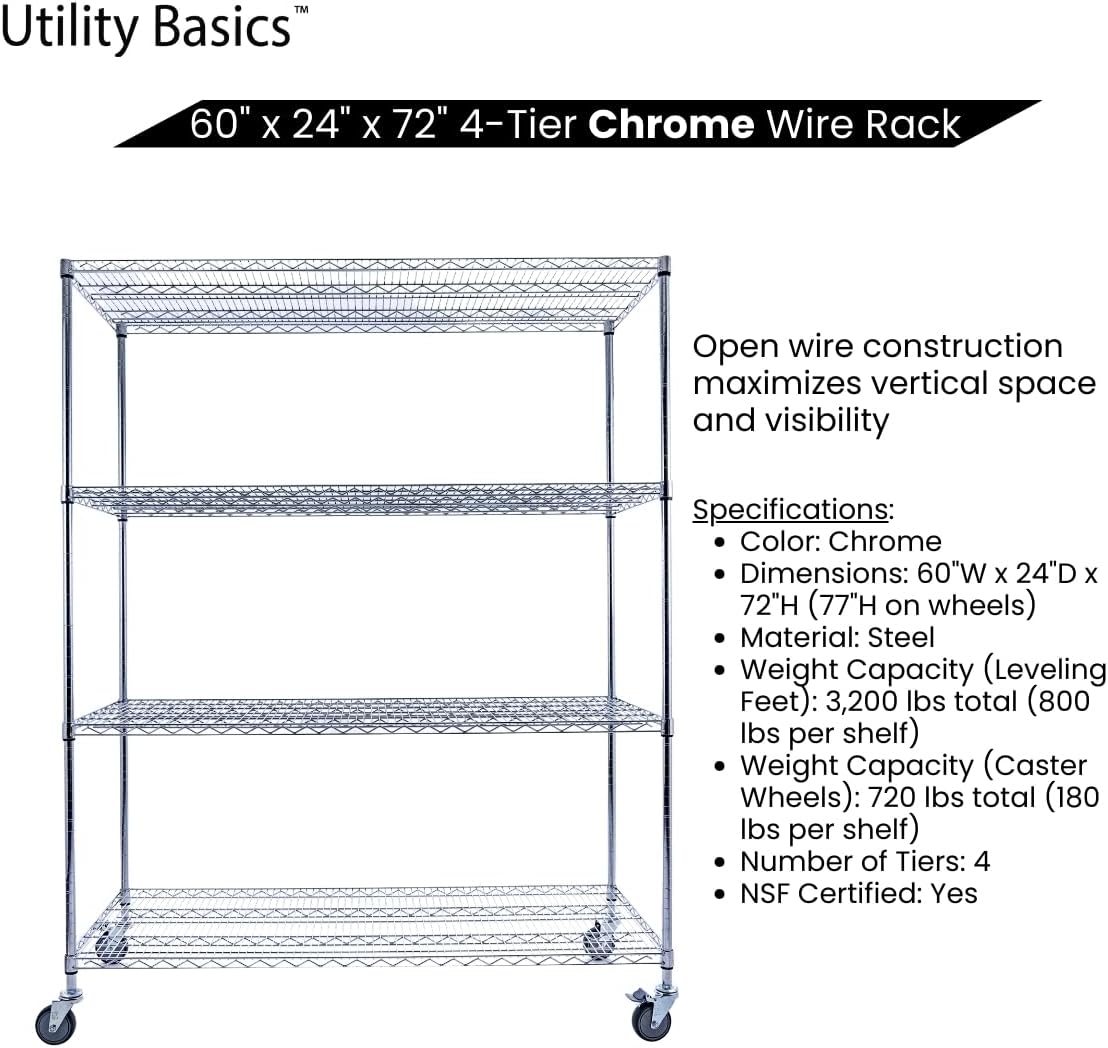 60"x24"x72" PREMIUM METAL STEEL 4-Tier Wire Shelving NSF 3200 LBS MAX Capacity Heavy Duty Storage