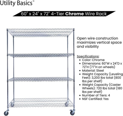 60"x24"x72" PREMIUM METAL STEEL 4-Tier Wire Shelving NSF 3200 LBS MAX Capacity Heavy Duty Storage