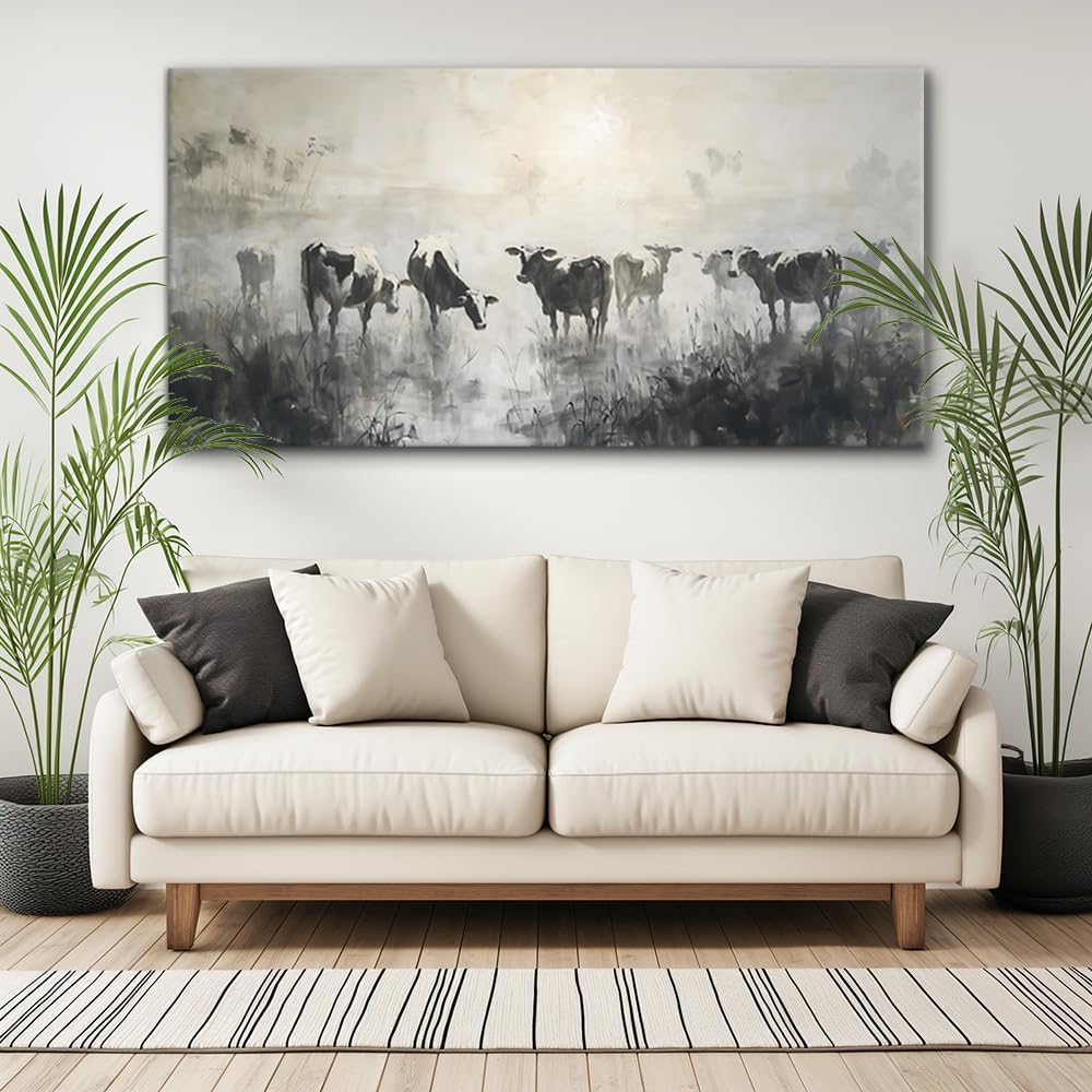 LASMOND Black and White Cow Wall Art for Living Room Ink Wash Canvas Painting Prints Morning Cattle