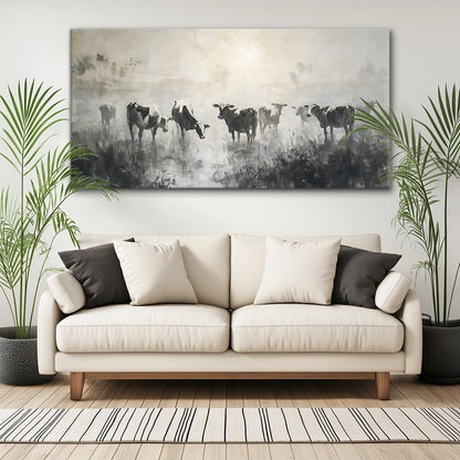 LASMOND Black and White Cow Wall Art for Living Room Ink Wash Canvas Painting Prints Morning Cattle