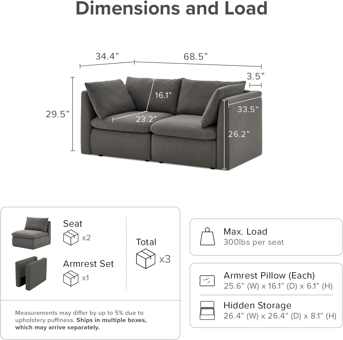 mopio Oversized Modular Sectional Sofa with Fully Removable Covers and Storage, Convertible U