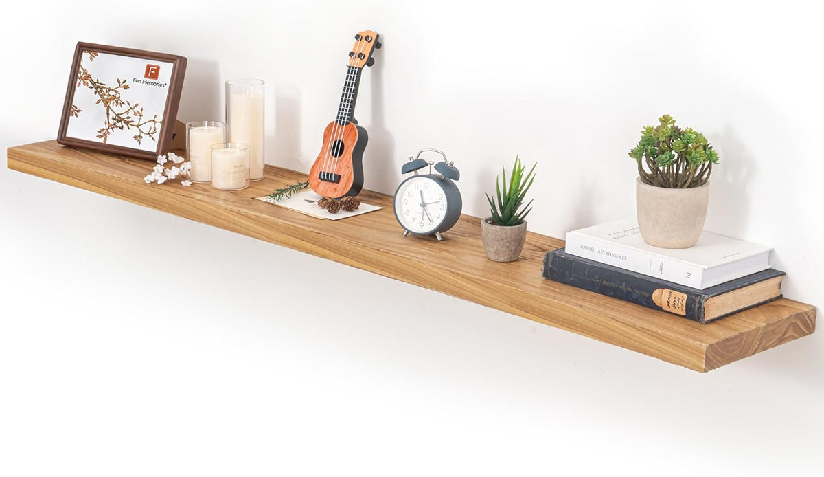 Fun Memories Floating Shelves for Wall, 55"x9.3" Rustic Solid Elm Wood Shelves, Heavy-Duty Wall
