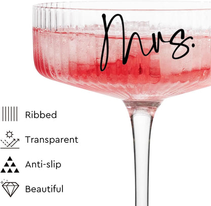 Ribbed Coupe Glasses for Anniversary Engagement Wedding Bridal Shower Gifts for Couple, Crystal