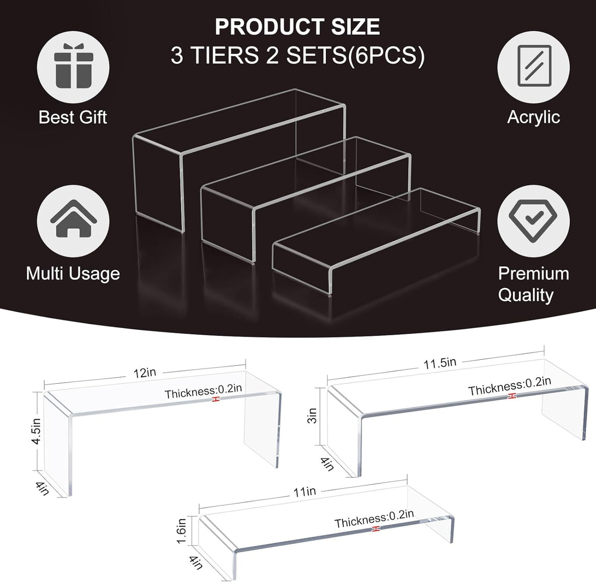 Acrylic Display Risers,12'' Large Display Stands, Thickened to 0.2''(5mm) Stackable Acrylic Shelves