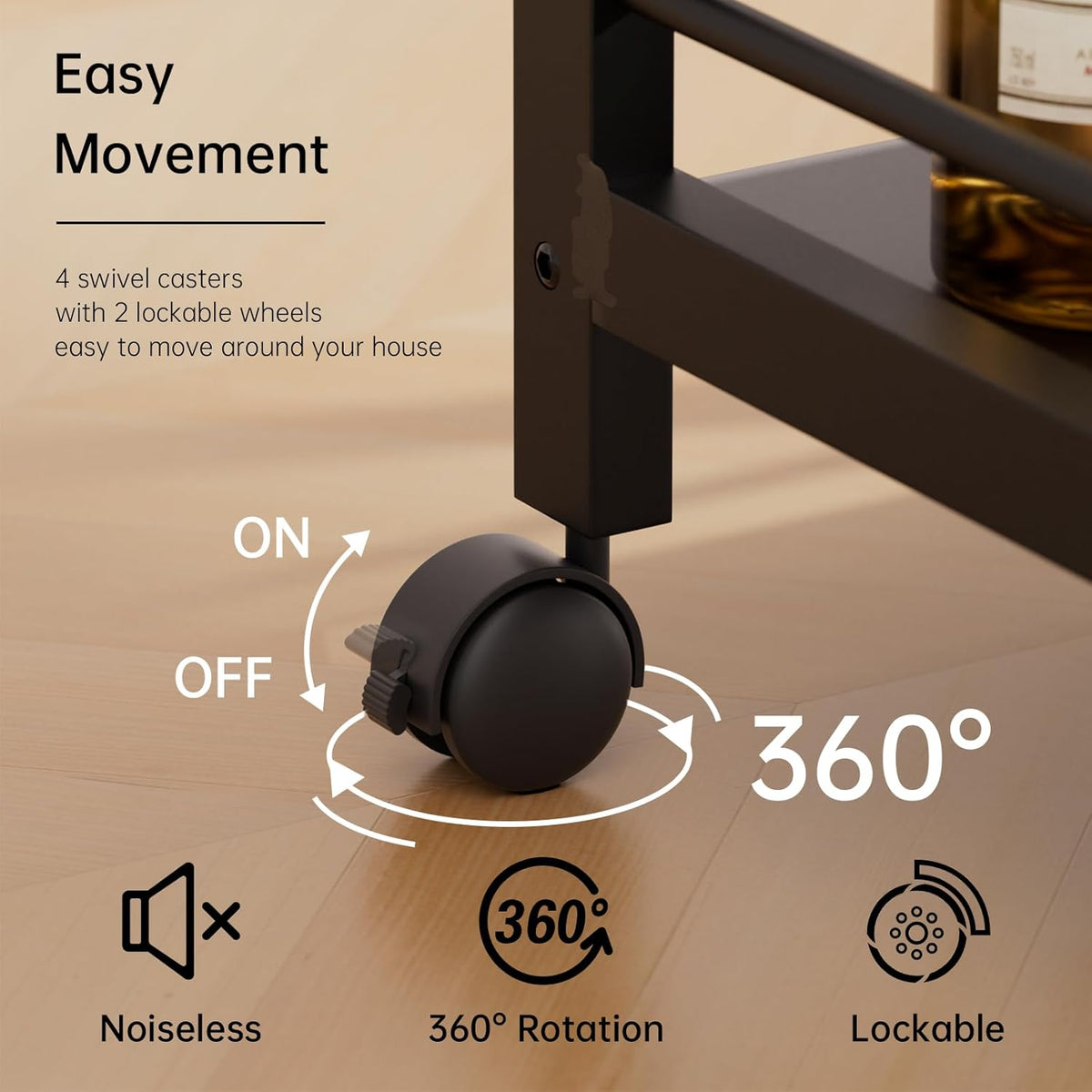 HITNET Bar Cart Black, Serving Cart for Home, 3 Tier Drinks Cart with Wheels, Rolling Beverage Cart