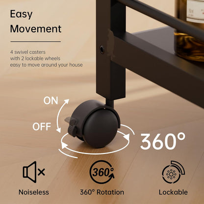 HITNET Bar Cart Black, Serving Cart for Home, 3 Tier Drinks Cart with Wheels, Rolling Beverage Cart