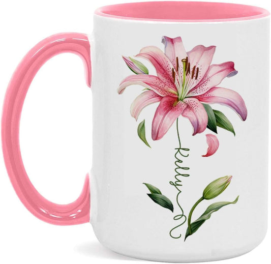 Customized Lily Flower Accent Cup, Novelty Flower Design Mug 11oz 15oz, Personalized Name Lily