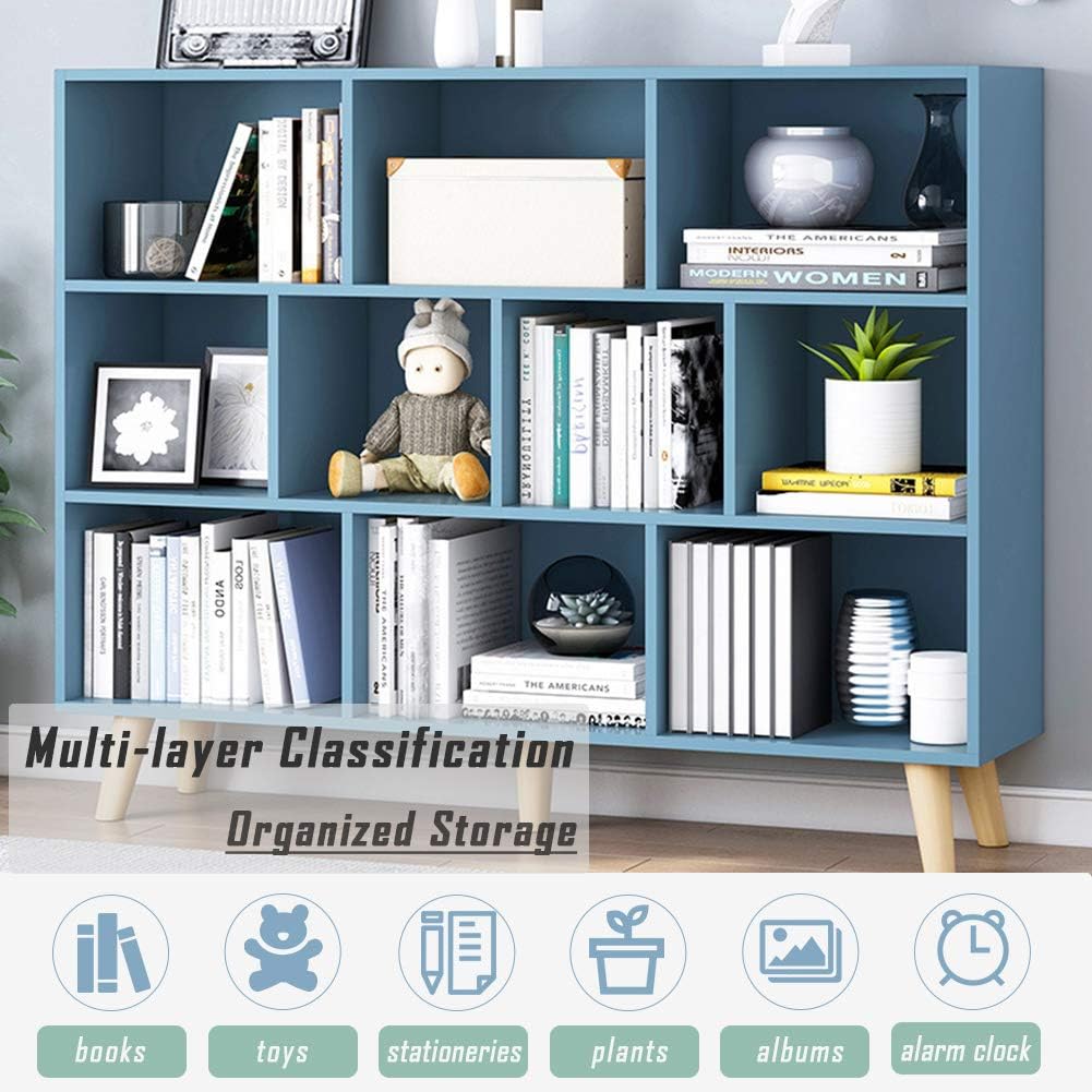 IOTXY Wooden Open Shelf Bookcase - 3-Tier Floor Standing Display Cabinet Rack with Legs, 10 Cubes