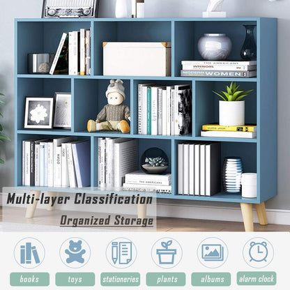 IOTXY Wooden Open Shelf Bookcase - 3-Tier Floor Standing Display Cabinet Rack with Legs, 10 Cubes