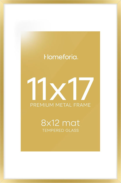 Homeforia 11x17 Picture Frame Gold, High End Metal 11x17 Poster Frames with Mat 8x12 for Photo, 11