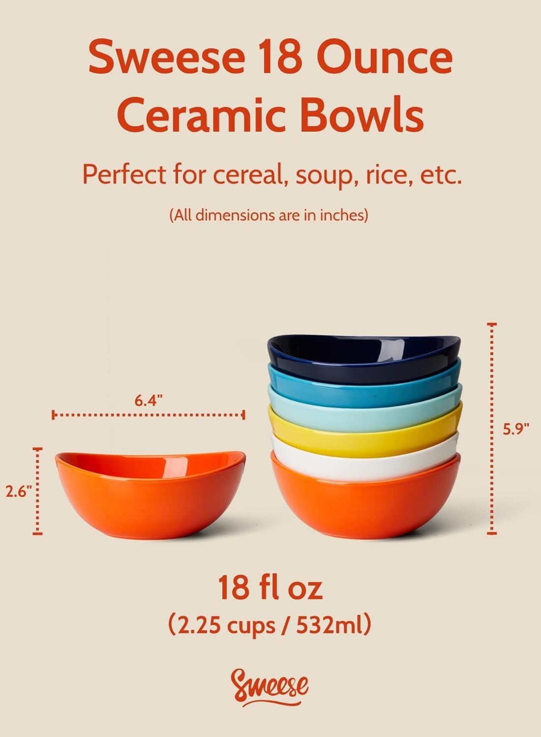 Sweese porcelain bowls 18 oz set of 6 - versatile for soup, cereal, fruit, rice - microwave