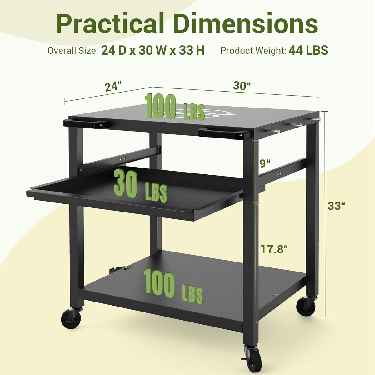 NUUK Outdoor Grill Prep Table 24"x30" Metal Grill Cart Outside 3-Layer Pizza Oven Table Movable