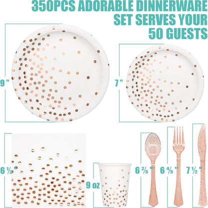 White & Rose Gold Party Supplies - 350 PCS Disposable Dinnerware Set with Paper Plates Napkins