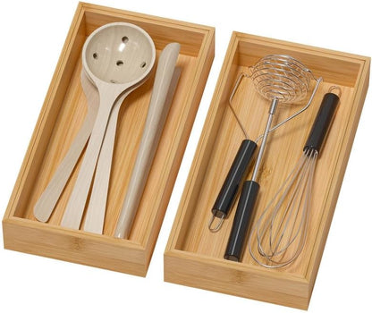 Bamboo Drawer Organizer - Silverware & Utensil Organizer, Stackable, 2 Pcs, Wooden Storage Box Tray