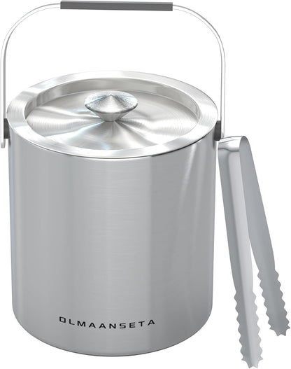 Small Ice Bucket with Lid and Tongs,1.3L Portable Mini Double Walled Ice Cube Bucket for Cocktail