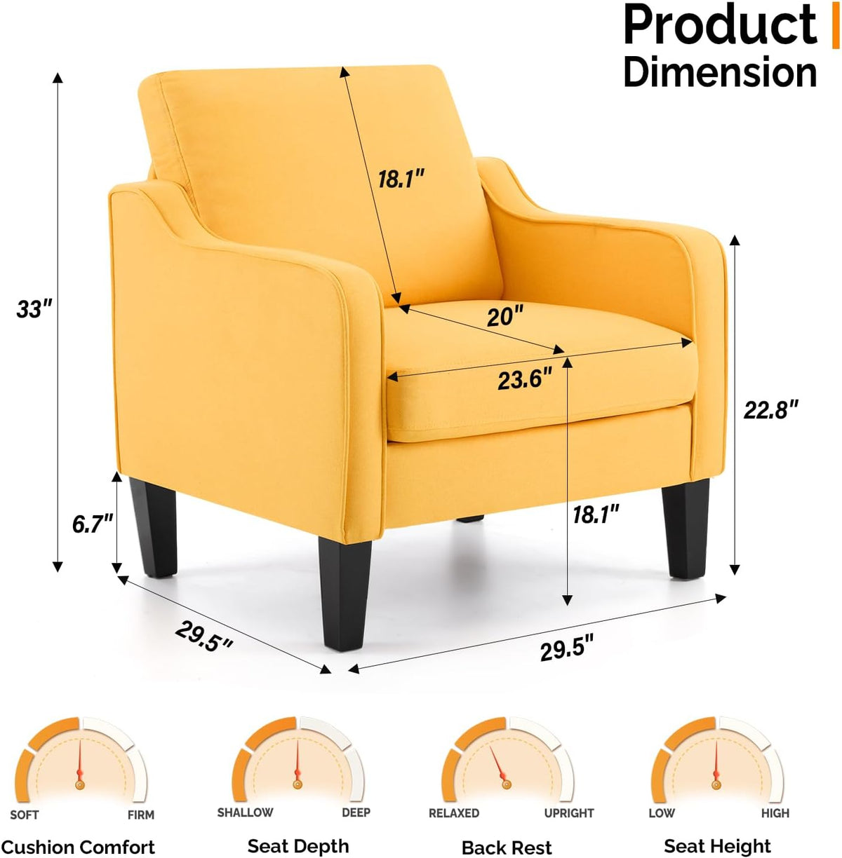 VINGLI Accent Chair for Living Room Chairs Yellow Reading Chair for Bedroom Scooped Arm Chair Mid