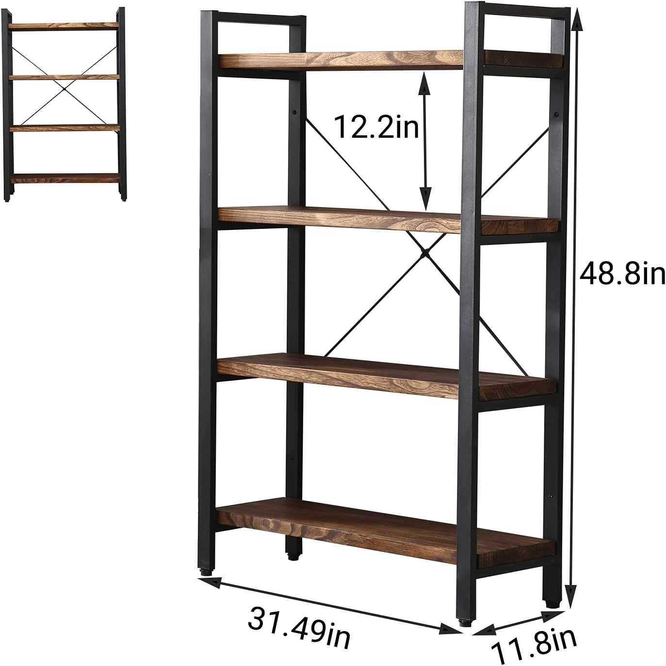 Solid Wood Bookshelf, 4-Tier Rustic Vintage Industrial Etagere Bookcase, Open Metal & Wood Vintage