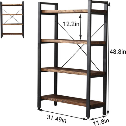 Solid Wood Bookshelf, 4-Tier Rustic Vintage Industrial Etagere Bookcase, Open Metal & Wood Vintage