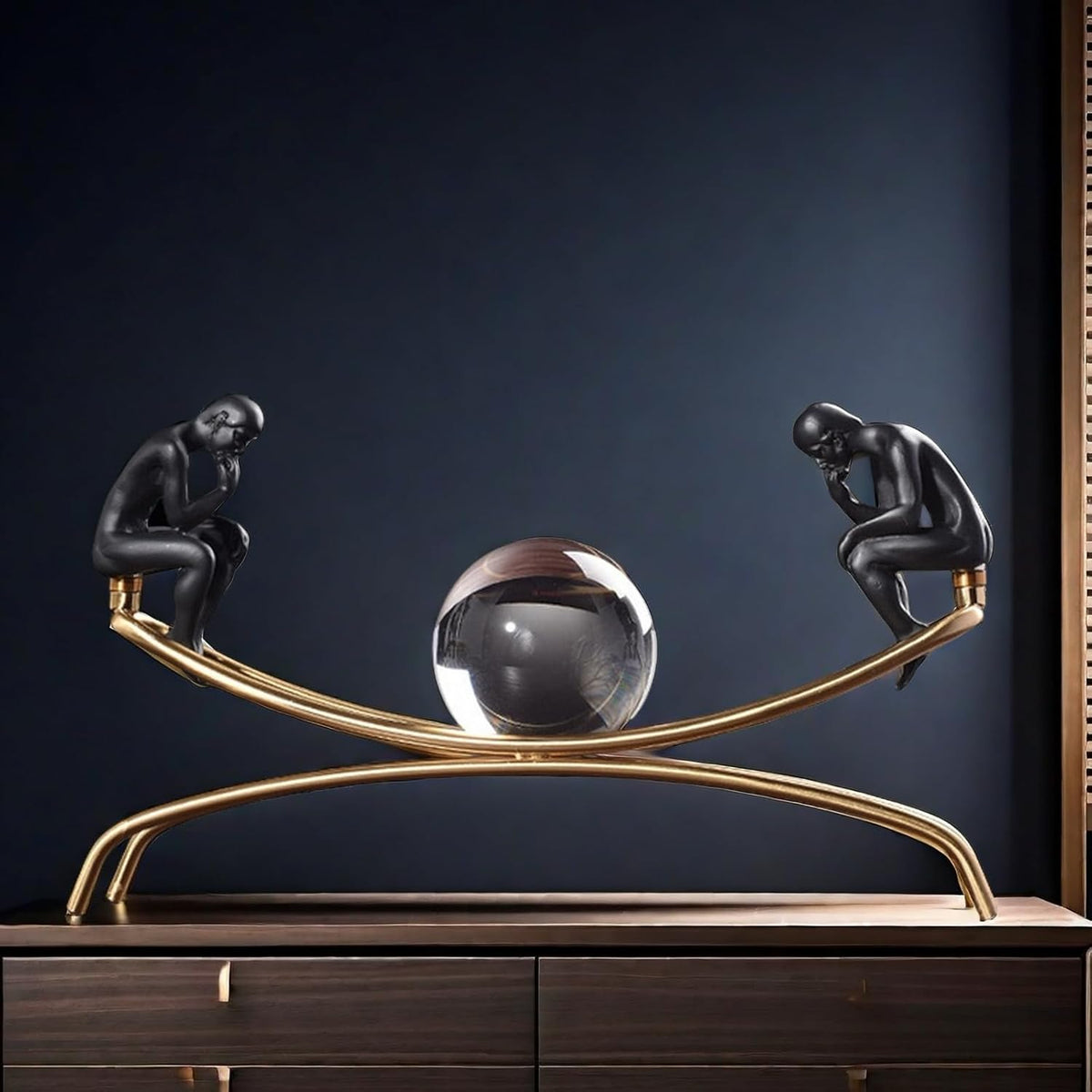 The Thinker Thinking Man Statue with Crystal Ball Sculpture Figurine, Home Office Living Room