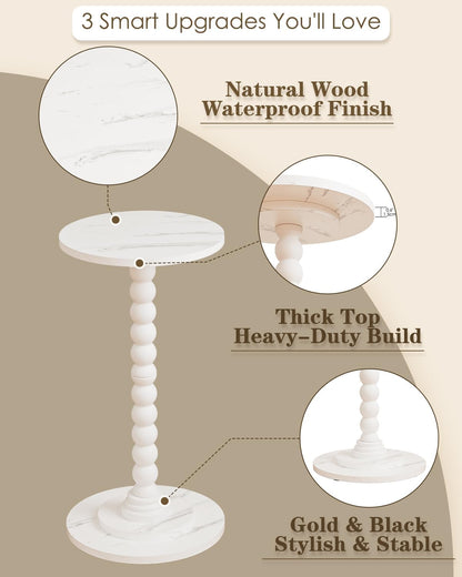 Masupu Round Side Table, Small Drink Table for Small Spaces, Pedestal End Table with Solid Wood Leg