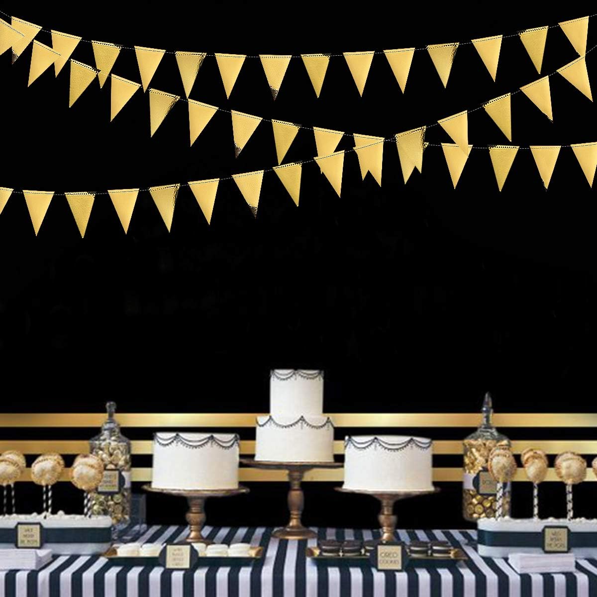40Ft Gold Party Decoration Triangle Flag Banner Double Sided Metallic Paper Pennant Bunting Garland