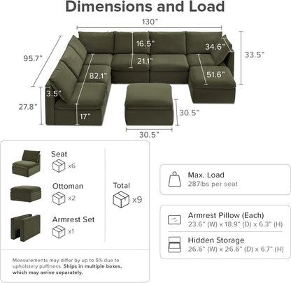 mopio Oversized Modular Sectional Sofa with Fully Removable Covers and Storage, Convertible U