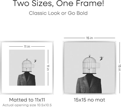 Homeforia 15x15 Picture Frame Silver, High End Metal 15 x 15 Square Frame with Mat 11 x 11 Photo