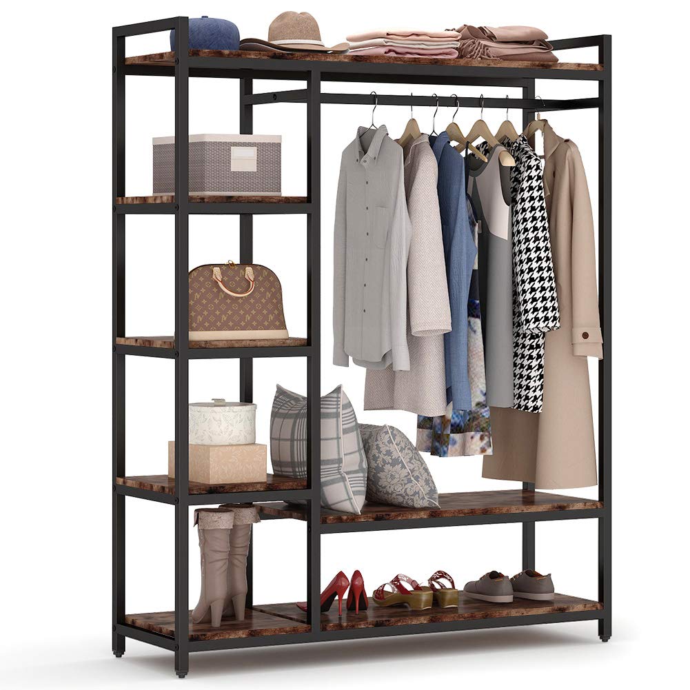 LITTLE TREE Free Standing Wood Closet Clothes Rack,Heavy Duty Grament Rack with Shelves,Hanging