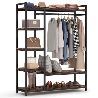LITTLE TREE Free Standing Wood Closet Clothes Rack,Heavy Duty Grament Rack with Shelves,Hanging