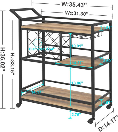 FATORRI Bar Cart for The Home, Rolling Wine Carts on Wheels with 3 Tier Wood Shelves, Liquor