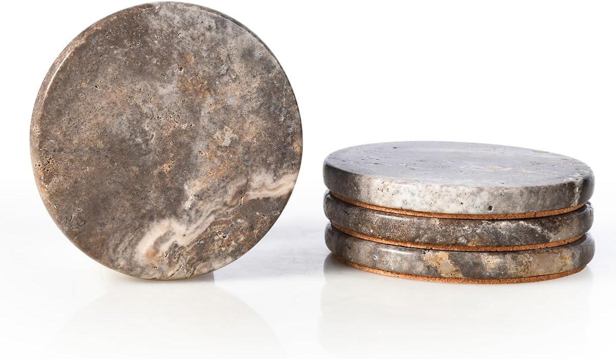 Marble Coasters Set of 4, Natural Gray Stone 4 Inch/10 cm, Modern Round Travertine Drink Coasters