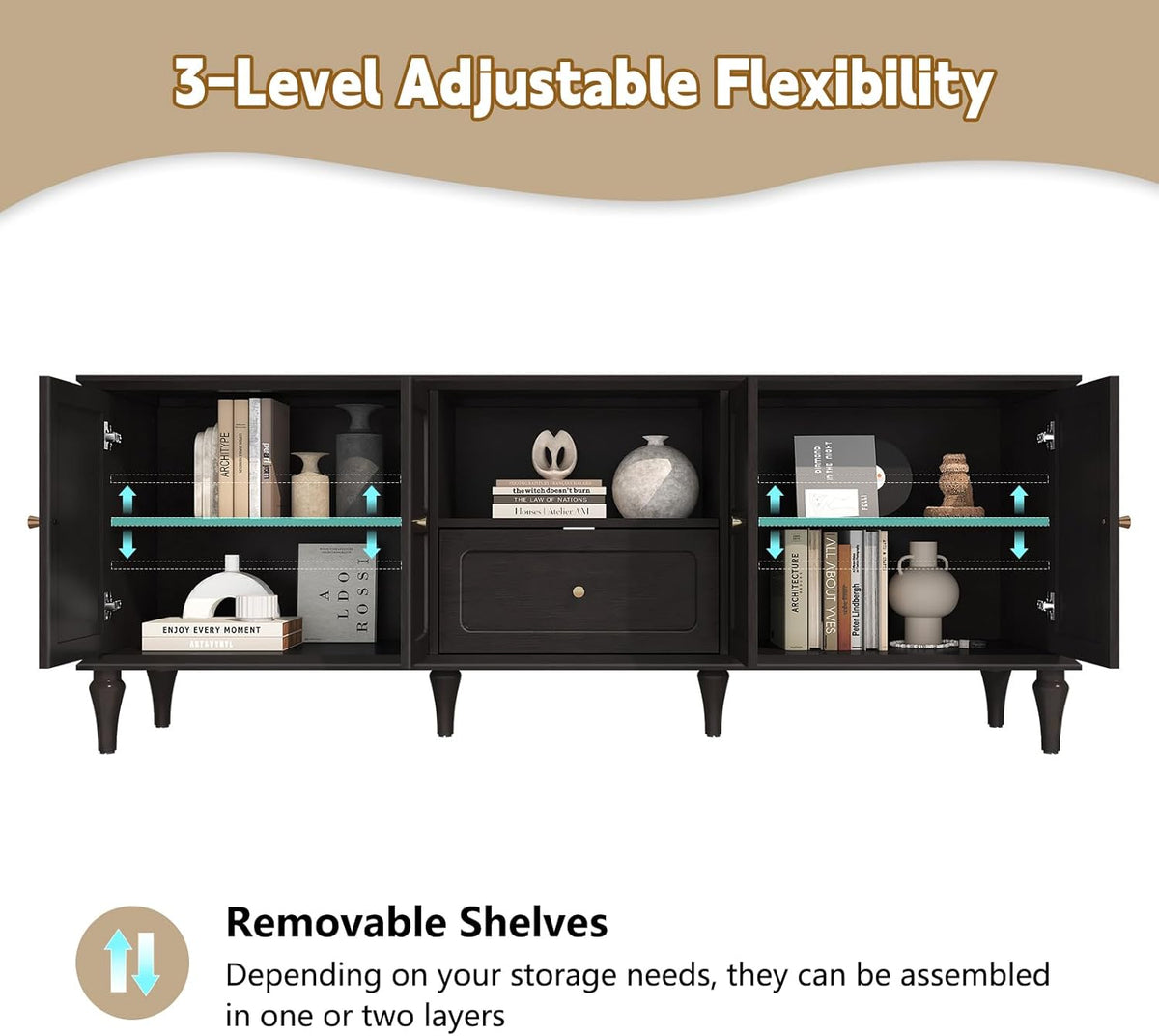 ARTPOWER 67'' Mid-Century Modern TV Stand with Storage Drawer and Doors, Long TV Stand with