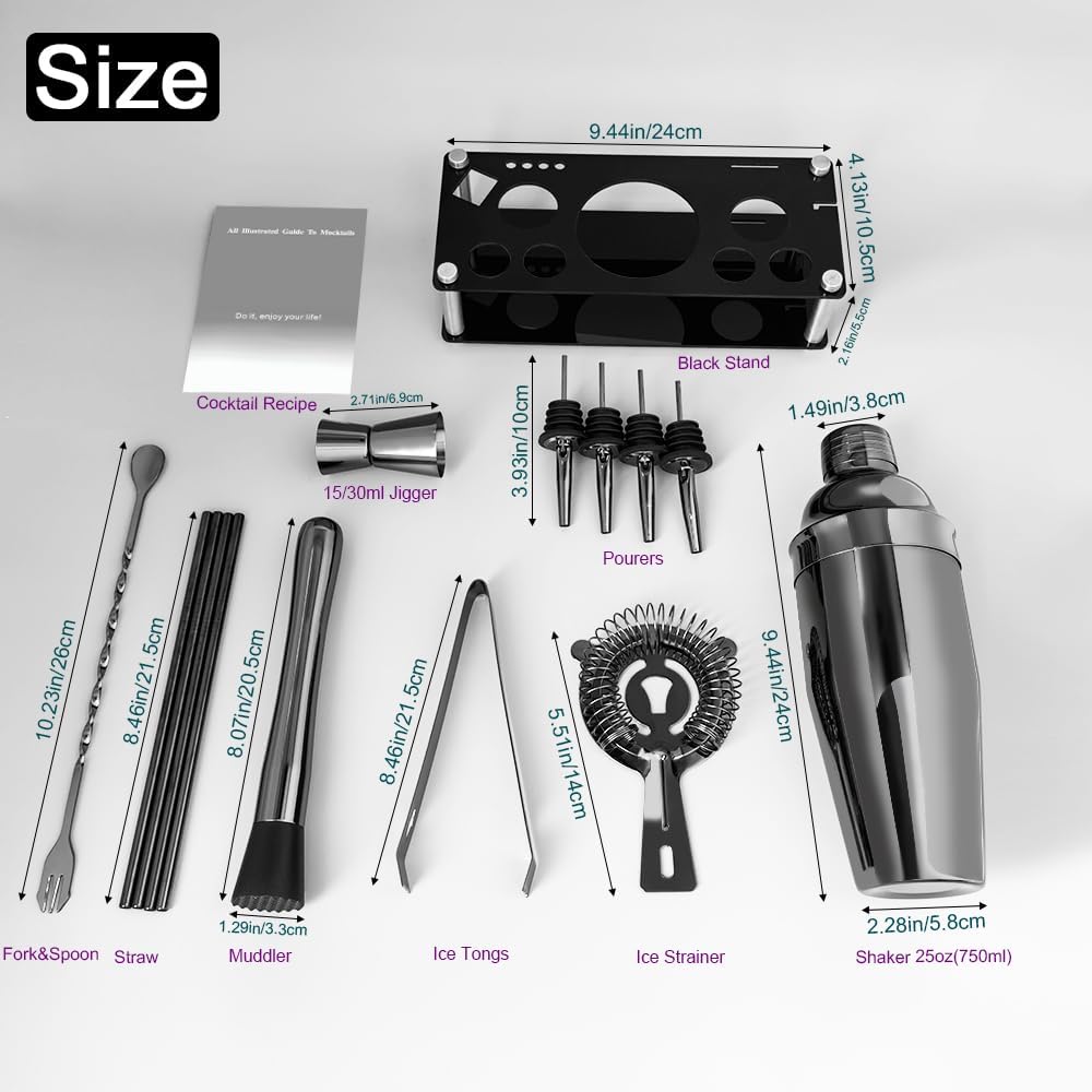 14-Piece Cocktail Shaker Set Bartender Kit with Black Stand, Bar Tool Set for Drink Mixing