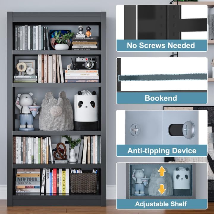 Bookshelf, 5-Tier Sturdy Bookcase, Adjustable Book Shelf, Large Capacity per Shelf, Modern Book