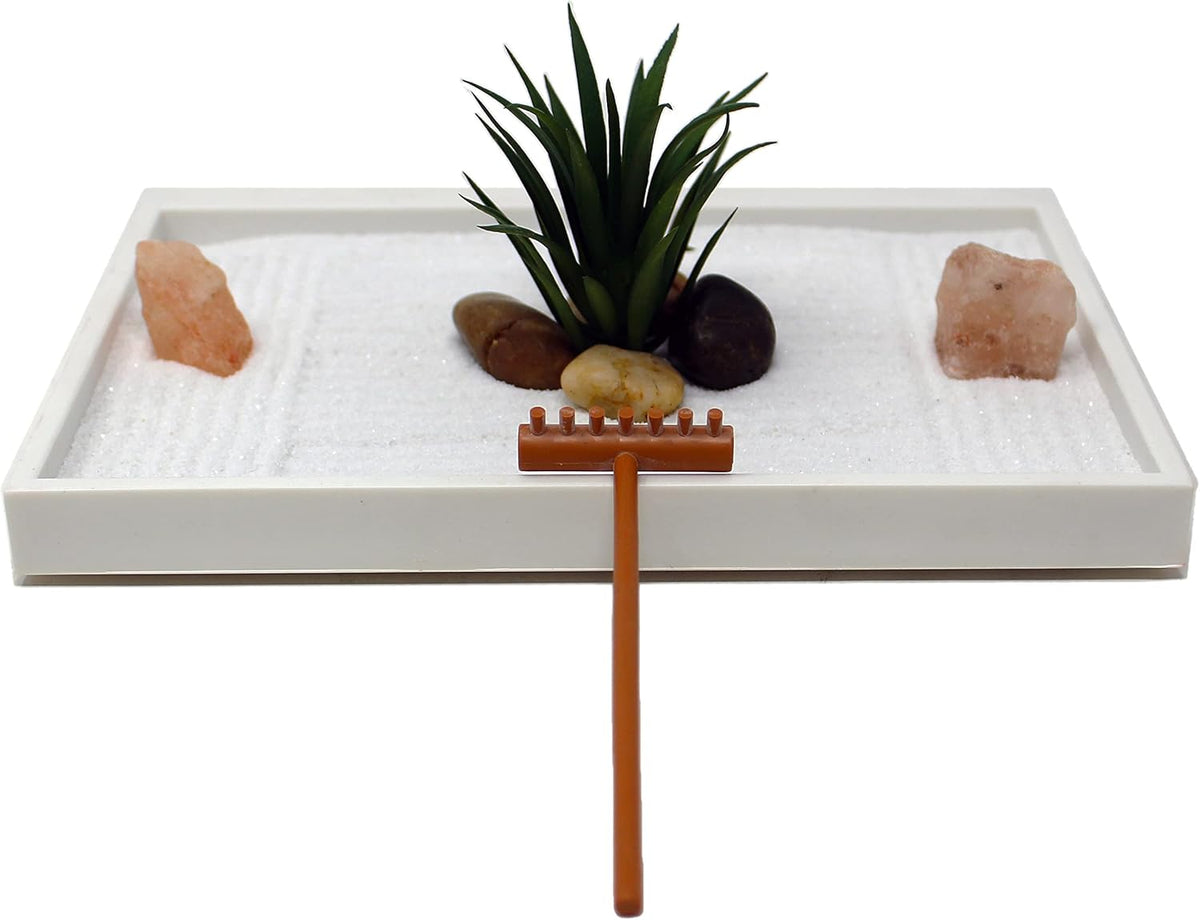 Nature's Mark Mini Zen Garden Kit for Desk with White Sand, Rake, White Base, Salt Rock and Air