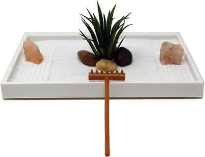 Nature's Mark Mini Zen Garden Kit for Desk with White Sand, Rake, White Base, Salt Rock and Air