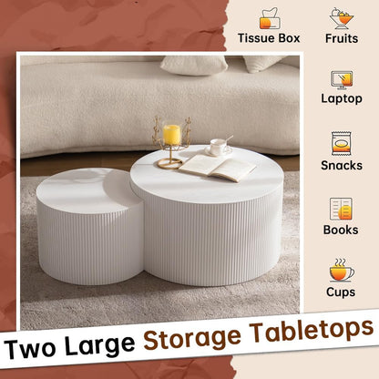 Round Nesting Coffee Table Set of 2 Modern Cream Fluted Coffee Table Small Round End Table Crescent