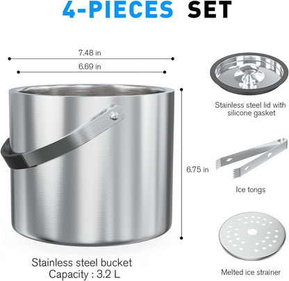 3.2 Liter Ice Bucket with Silicone Lid, Strainer, Tongs, Double Wall Insulated Stainless Steel Ice