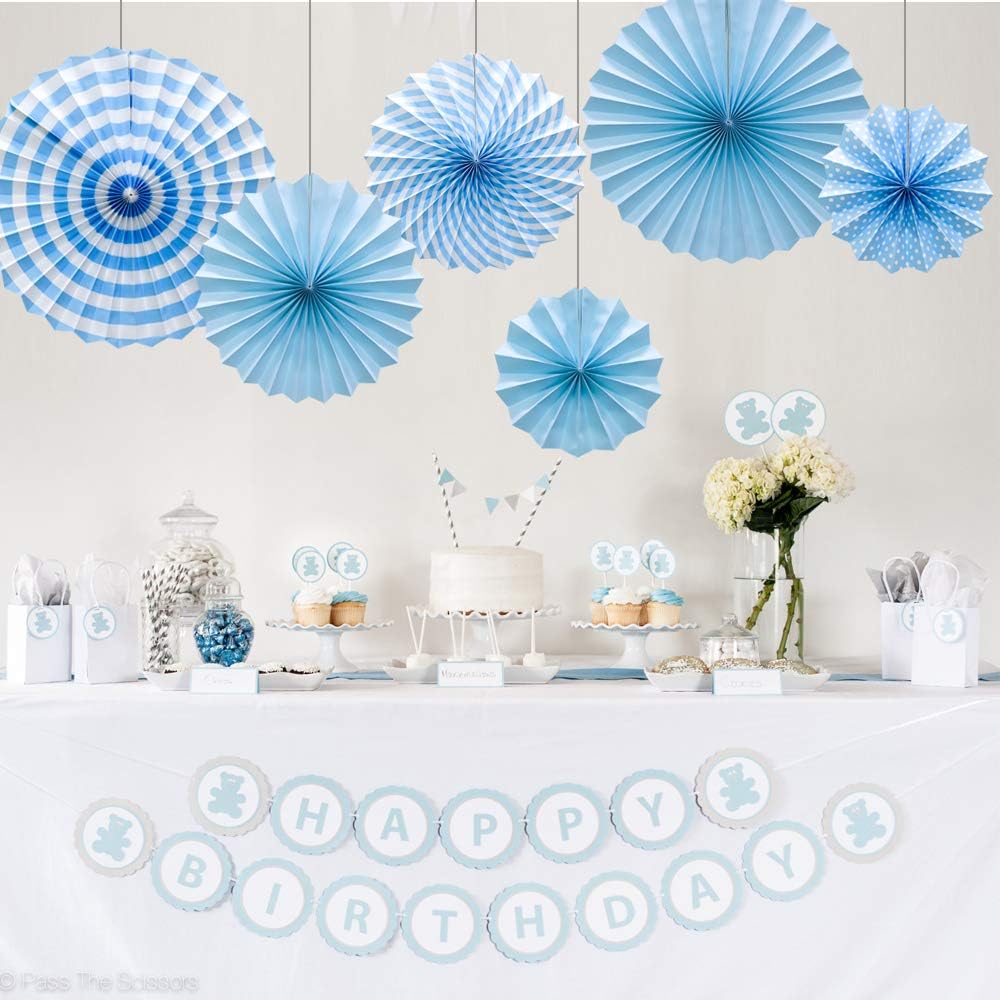 Hanging Paper Fans Party Set, Round Pattern Paper Garlands Decoration for Birthday Baby Boy Shower