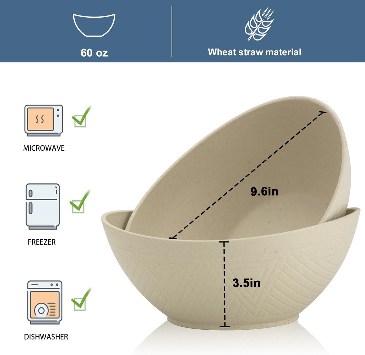 65oz Big Wheat Straw Bowls - Large Salad Bowls set of 6 - Unbreakable Serving Bowl Sets - Microwave
