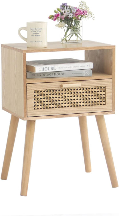 MaxSmeo Modern Nightstand Rattan Side End Table with Storage, for Living Room, Bedroom and Small